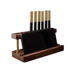 Porte-stylos en bois massif de noyer noir avec accents en laiton, organiseur de bureau pour usage professionnel - Product Image 5