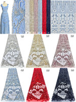 Tissu en dentelle française orné de strass, de perles brodées et de paillettes, écologique, 100 % polyester, minimum 5 yards