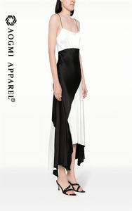 Maxi abito <span class=keywords><strong>in</strong></span> seta taffettà Patchwork bianco e nero con spalline sottili asimmetriche Haute Couture da donna - Product Image 4