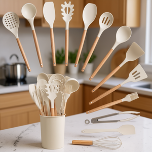 ชุดอุปกรณ์ทำครัวซิลิโคน 14 ชิ้น ด้ามไม้ ทนความร้อน ไม่ทำให้เกิดรอยขีดข่วน อุปกรณ์ครัว - Product Image 2