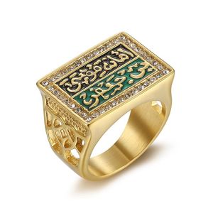 Men's Gold Plated <b>Titanium</b> Steel <b>Ring</b> With Arabic Script Pave Setting Hip Hop Style Jewelry Gift For Men - Product Image 3