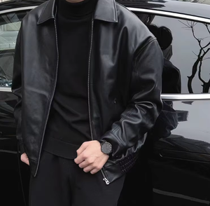 Veste décontractée pour <span class=keywords><strong>homme</strong></span> en cuir PU noir style européen, coupe ajustée, col rabattu, fermeture éclair, <span class=keywords><strong>marque</strong></span> américaine tendance, vêtement <span class=keywords><strong>de</strong></span> travail - Product Image 3