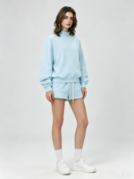 Sweatshirts à col rond bleu ciel avec logo personnalisé, sweatshirts oversize brodés à col montant, sweatshirts à col roulé, vêtements de sport pour femmes
