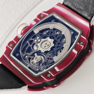 เคสคาร์บอนไฟเบอร์สีชมพู 6702 นาฬิกาข้อมือผู้ชายสุดหรู นาฬิกากลไกแบบโครงกระดูก สายไนลอนสีขาว นาฬิกาสปอร์ตธุรกิจ - Product Image 5