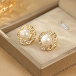 Light Luxury High-End Women's <b>Stud</b> <b>Earrings</b> Trendy Fashionable S925 <b>Silver</b> Needle Gold Plated Inlaid Zircon Geometric Pattern - Product Image 1