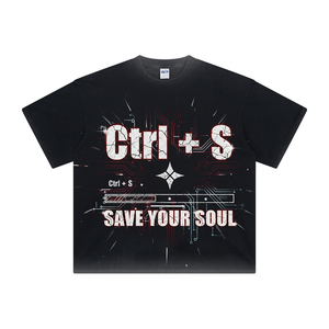 T-shirt 280G in cotone lavato effetto vintage con stampa batik e scritta 'Save Your Soul', girocollo, stile streetwear americano da uomo - Product Image 6