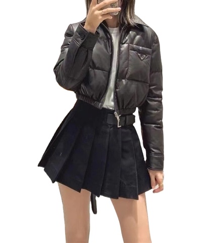 Fashion Design Black Short Style Lapel Elastic Waist Leather Shell Women's Jackets Women's Down Coats for Winter