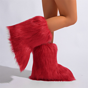 Bottes en fausse fourrure pour femmes Bottes d'hiver moelleuses et chaudes pour la neige mi-<span class=keywords><strong>mollet</strong></span> Bottes de luxe en fourrure Chaussures plates confortables pour l'extérieur - Product Image 1