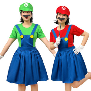 Costume Mario pour femme, robe avec chapeau, barbe, gants, salopette rouge et bleue, tenue de cosplay pour fête d'Halloween, jeu de rôle - Product Image 1