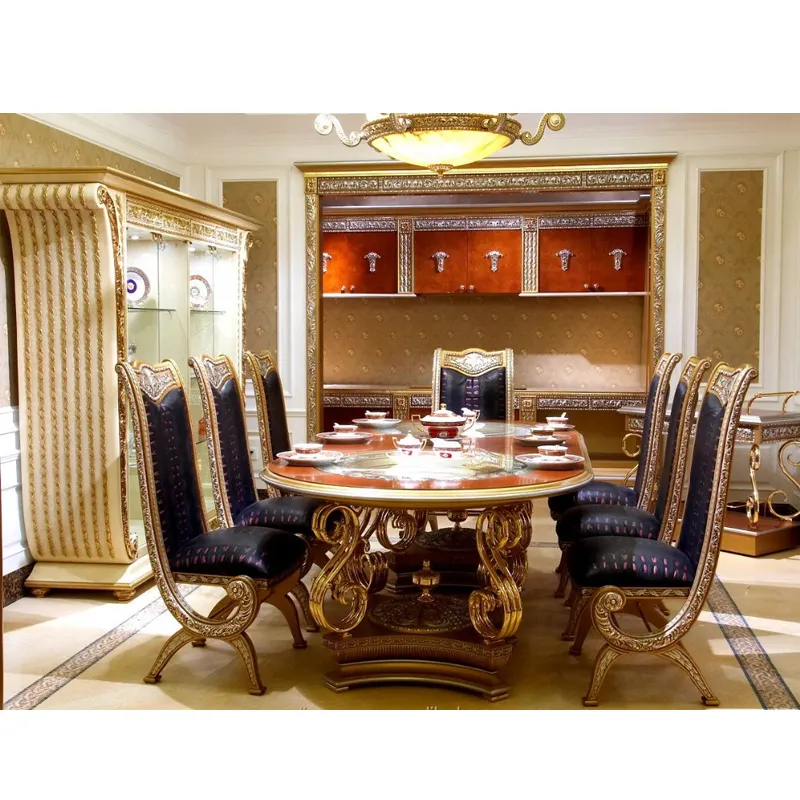 Aas144-beautiful Inlaid French Antique Dining Room Set Luxury Dining Table Italian Luxury Furniture Solid Wood Birch Hand Carved