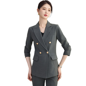 Women's Navy Blue Formal Suit Set Double Breasted Jacket Flared Pants Work Wear Spring Autumn Office Uniform - Product Image 5