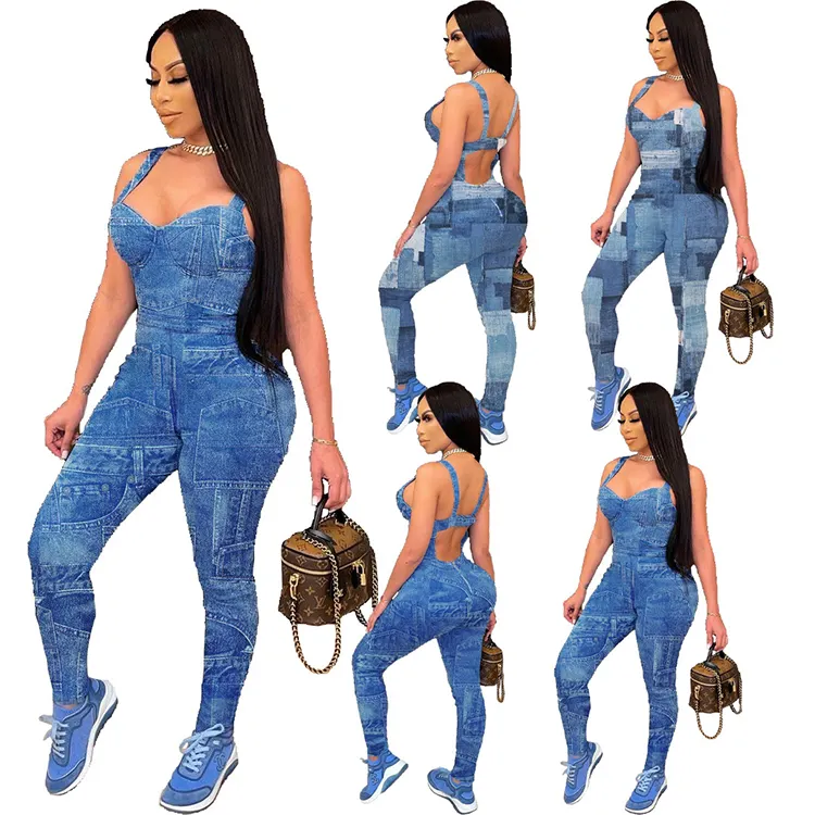 Spring and summer new European and American women's fashion suspenders denim print jumpsuit
