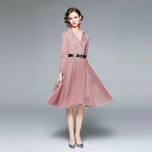 Vintage çentikli yaka fransız tarzı olgun ekose Tweed sahte iki parçalı seti tül etek kabarık kokteyl elbise