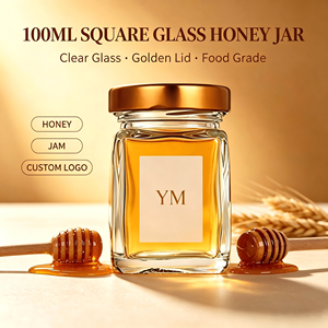 Botol Madu Kaca Bening Persegi 100ml dengan Tutup Emas, Kosong, Grade Makanan, untuk Kemasan Madu, Selai, Kue, Salad, Logo YM Custom - Product Image 1