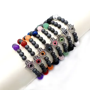 2023 Factory NEW Custom 6mm Faceted Hematite Beaded Nature Stone Bracelet Fatima Hamsa Devil's Eye Elastic Stretch Accessories