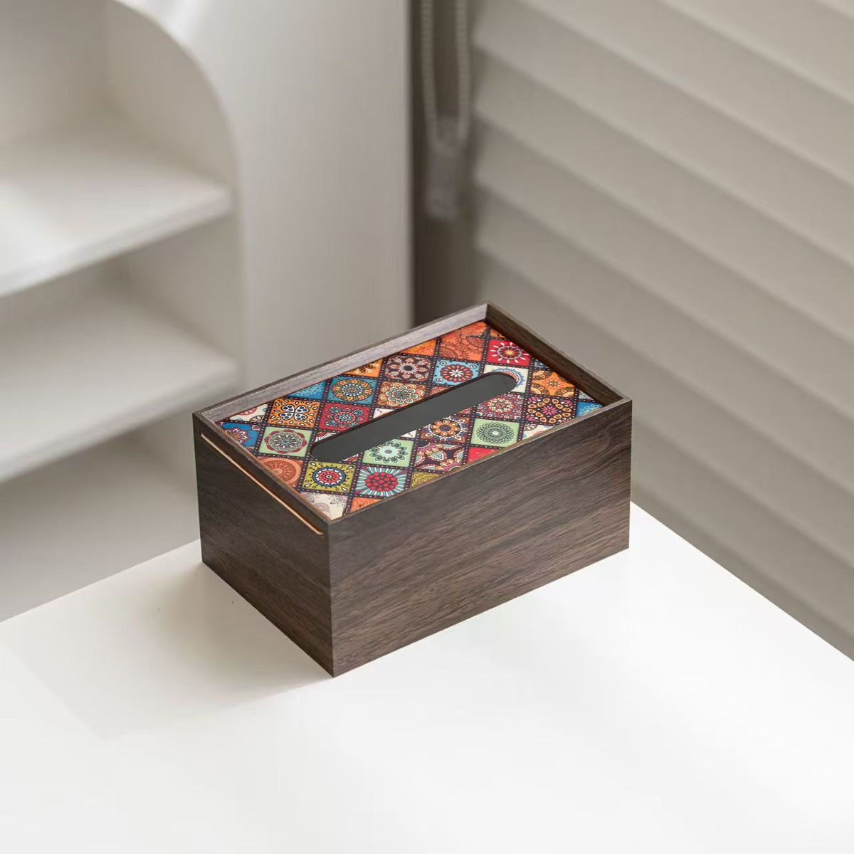 Boîte à mouchoirs style bohème - Couleur grain de bois noyer