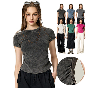 Camiseta elástica con volantes lavados 280GSM, camiseta recortada para mujer para capas de moda - Product Image 2