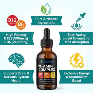 Ausreson OEM Vitaminas B12, B6 y B1 Líquidas, Suplementos Alimenticios para Energía, Cerebro y Corazón, Precio al por Mayor, Gotas Líquidas de <span class=keywords><strong>Complejo</strong></span> Vitamínico <span class=keywords><strong>B</strong></span> para Adultos - Product Image 2