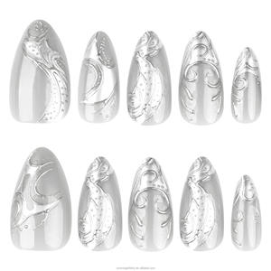 <span class=keywords><strong>Faux</strong></span> <span class=keywords><strong>ongles</strong></span> en amande courte, style français argenté, <span class=keywords><strong>avec</strong></span> pâte argentée 3D, à presser, <span class=keywords><strong>ongles</strong></span> artificiels - Product Image 2