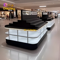 Comptoir de présentation de produits moderne haut de gamme en MDF avec éclairage LED à 3 niveaux et rangement pour kiosque commercial