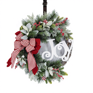 手工制作圣诞装饰品 22 英寸直径花环门挂 JOY 蔓莓藤条适合家庭餐桌节日装饰 - Product Image 1