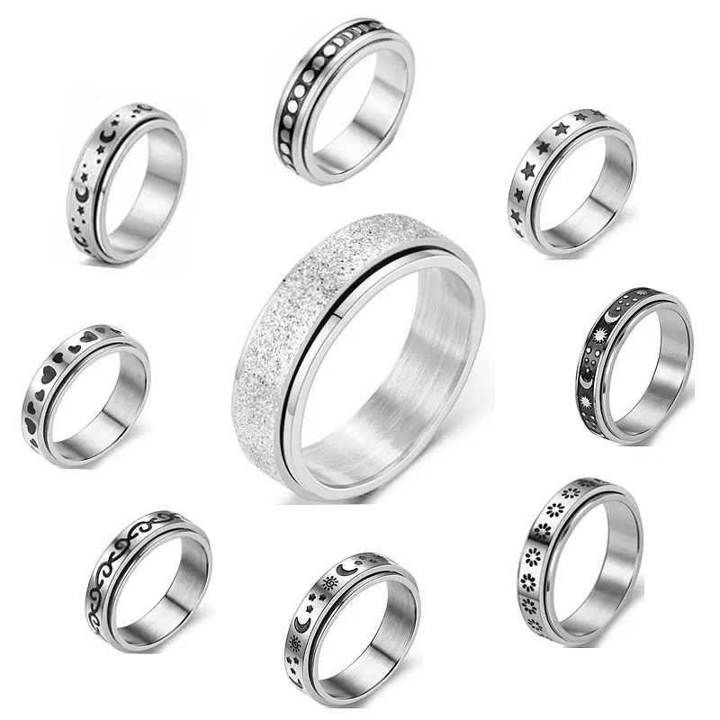 2022 Stainless Steel Rings for Anxiety Fidget Spinner Anti Anxiety Ring Spinning Moon Star Stress Relieveing Rings for Women Men