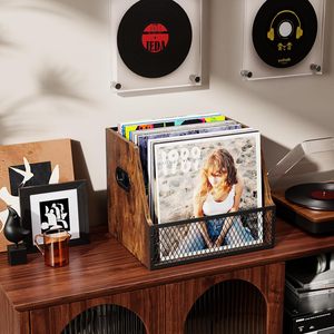 Cesta de almacenamiento de discos de madera, estante de hierro y madera combinados para exhibir colecciones de música en vinilo y CD. - Product Image 1