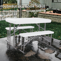 Table pliante portable en plastique blanc avec 2 bancs pliants, ensemble de table de camping et de fête en plein air