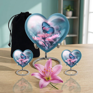 Papillon assis à la conception de fleurs Urne en céramique en laiton en bois de 10 pouces et urne souvenir Combo pour cendres d'adultes et d'animaux de compagnie pour une utilisation funéraire - Product Image 3