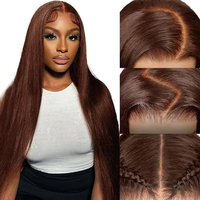 Perruque brésilienne 100 % cheveux humains vierges Remy, avec dentelle frontale 4x4, lisse, pour femmes noires, densité 180 %, marron