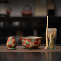 Ensemble de 4 bols à matcha en porcelaine durable et écologique avec dessin coloré peint à la main et rétro
