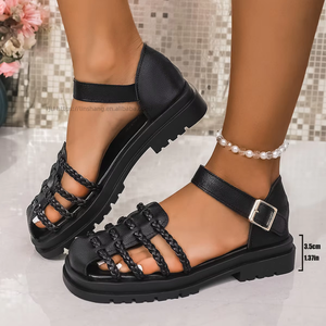 Women Summer New Retro Woven Roman Buckle <b>Sandals</b> Thick Sole Hollow Beach <b>Closed</b>-<b>Toe</b> <b>Sandals</b> - Product Image 2
