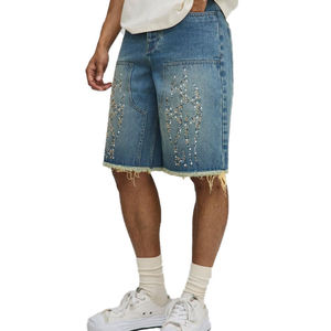 Shorts en jean bleu classiques personnalisés pour hommes, style streetwear, 100 % coton, déchirés, avec strass, nouveaux, respirants, style Y2K, type Jorts de charpentier - Product Image 3