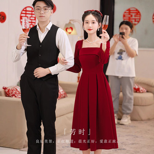 Burgundy Velvet A-Line Dress Boat Neck Natural Waist Folds Simple Design For Wedding Homecoming Autumn Winter - Product Image 5