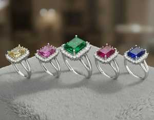 แหวนทองคำขาว 14KT ประดับพลอยสังเคราะห์ทรงเหลี่ยมมรกตและเพชรแล็บ - Product Image 1