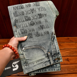 高級綿デニム メンズ 韓国風 ミディアムウォッシュ スリムフィット ブーツカット ミッドウエスト オールマッチ トラウザーズ ジーンズ - Product Image 2