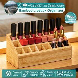 Organizador de Maquillaje de Bambú con 24 Ranuras y Diseño Escalonado para Brillo Labial y Lápiz de Cejas, Soporte de Exhibición 100% Bambú - Product Image 1