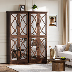 For Retro Solid Wood Living Room <strong>Cabinets</strong> <strong>Pantry</strong> <strong>Cabinet</strong> 4 Mirrored Doors Extendable Vintage Furniture - Product Image 6