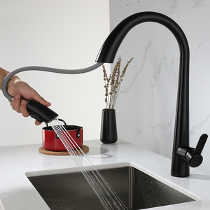 Robinet de cuisine Swan Pull en acier inoxydable 304, finition noir mat brossé, eau chaude et froide, universel, rotatif - Product Image 2