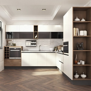 Ensemble d'armoires de cuisine sur mesure Balom Luxury, configuration en L, porte en PET blanc avec rangement ouvert en noyer et évier en acier inoxydable <span class=keywords><strong>noir</strong></span> - Product Image 2