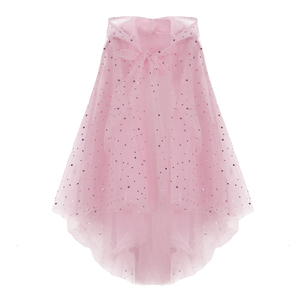 Cape de princesse magique personnalisable pour filles, rose, à sequins étoilés, en tulle, à capuche, avec ourlet asymétrique et fermeture à nouer au cou - Product Image 2