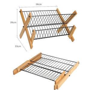 رف تجفيف أطباق قابل للطي، موفر للمساحة، رف تخزين للأطباق والأوعية على سطح المطبخ، رف تجفيف أطباق من الخيزران بطبقتين - Product Image 2