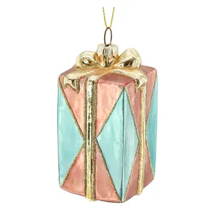 Zhengtian Top Grace Innovative Christmas Gift Box Gold Painted Green Red Blue Glass Square Gift Bag Pendant