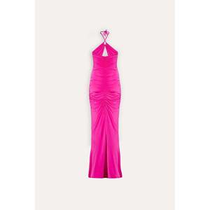 Vestido de Fiesta de Satén Fucsia, Estilo Vintage, Cuello Alto, Mangas Cortas, Silueta en A, Largo hasta el Suelo, Talla XL, Detalle de Cuentas - Product Image 1