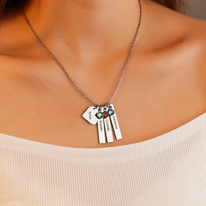 Collar de piedra natal familiar de acero inoxidable personalizado con cadena de eslabones de moda, barra de nombre de texto grabado y colgante de corazón - Product Image 5