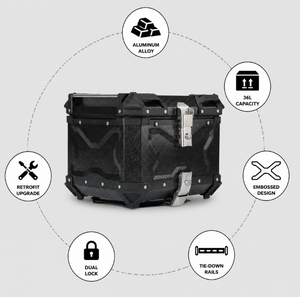Kotak Bagasi Motor 36L Aluminium Alloy Desain Embos Tiga Sisi Warna Hitam Premium - Product Image 1