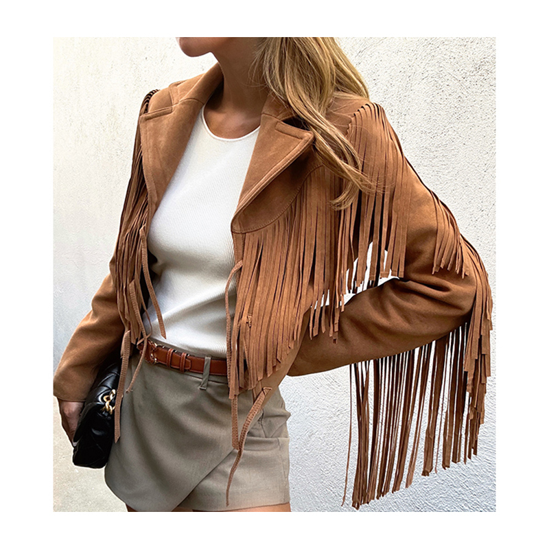 3167 Latest Design Women's Fashionable Cropped Fringe Leather Suede Jacket Solid Pattern Woven Weave Motorcycles Style