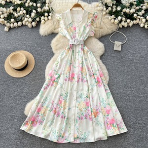 Robe longue florale élégante de qualité supérieure, col en V, sans manches, taille haute, coupe trapèze, style français - Product Image 1