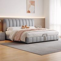 Cama Moderna Estilo Crema con Rayas Verticales, Tapizada, con Almacenamiento, Base Elevadora Hidráulica, Tamaño Doble/King