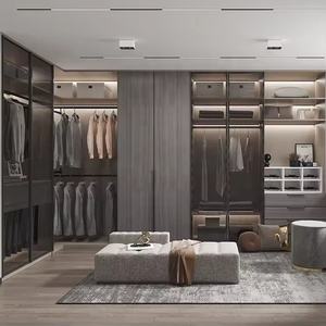 Muebles de Dormitorio de Alta Calidad en Color Gris, <span class=keywords><strong>Armario</strong></span> de Madera Contrachapada Personalizado, Vestidor con Puerta de Vidrio - Product Image 1